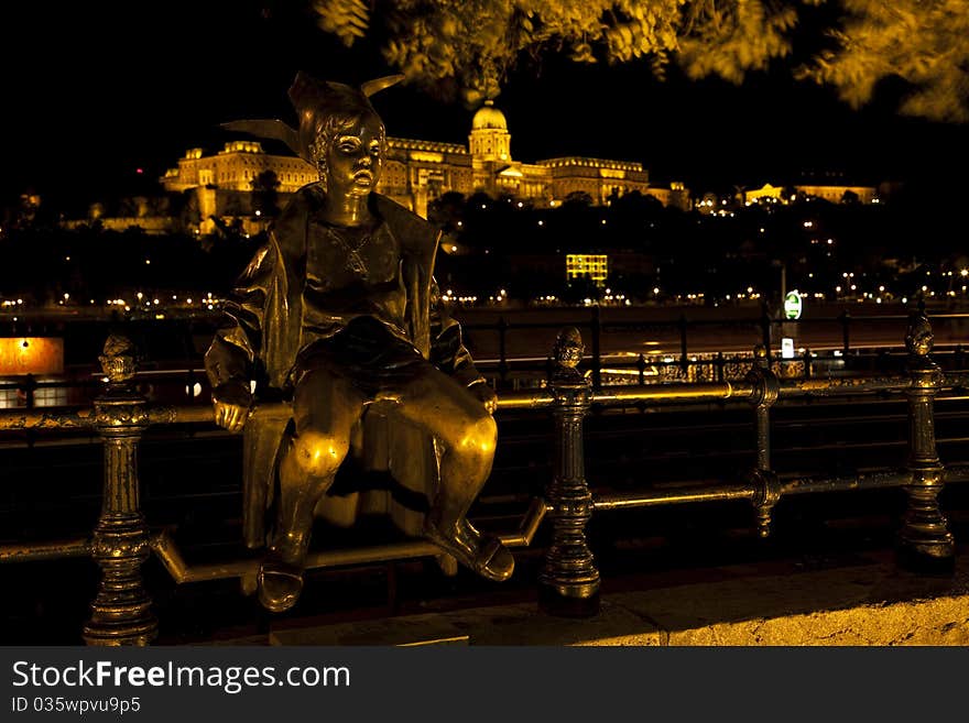 Hungarian landmarks, Chain Bridge and Royal Palace in Budapest by night. Long exposure.