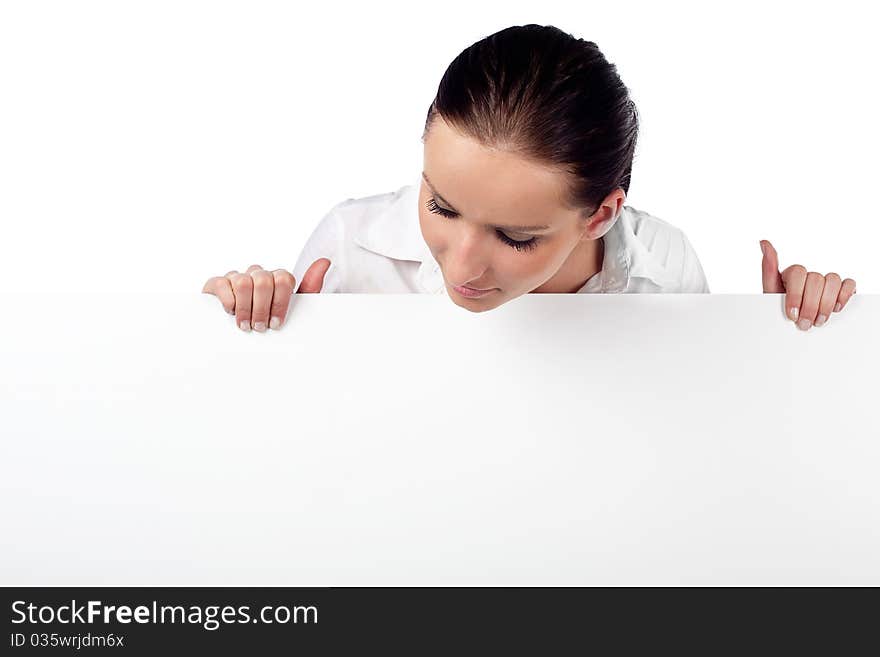 Women looking at empty billboard. Isolated on white. Women looking at empty billboard. Isolated on white.