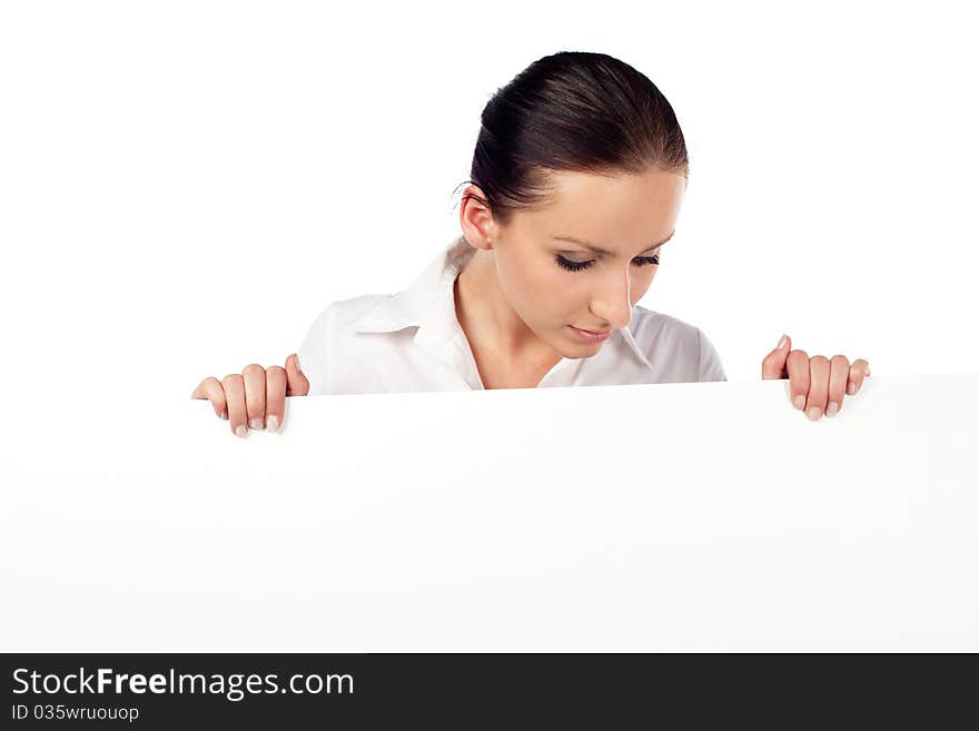 Women looking at empty billboard. Isolated on white. Women looking at empty billboard. Isolated on white.