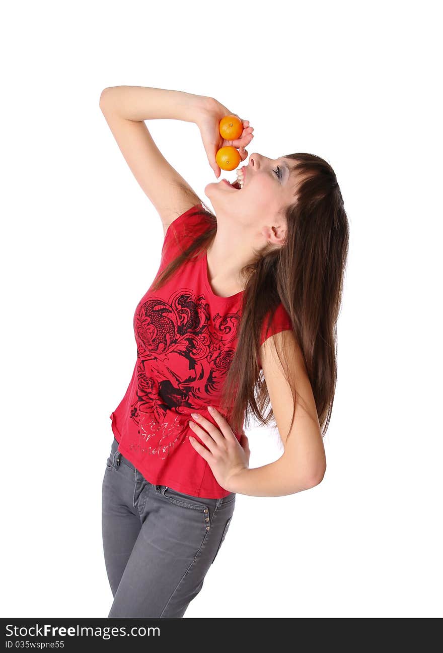 Smiling girl with tangerines