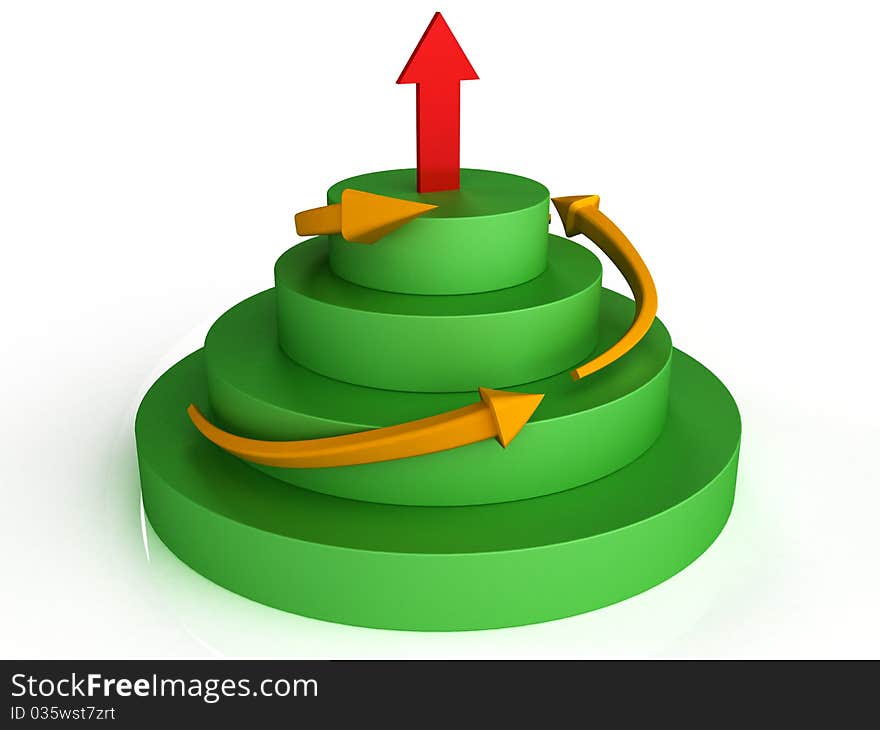 Orange arrows on the green circles at the top of the cylindrical red arrow on the smooth background №2. Orange arrows on the green circles at the top of the cylindrical red arrow on the smooth background №2