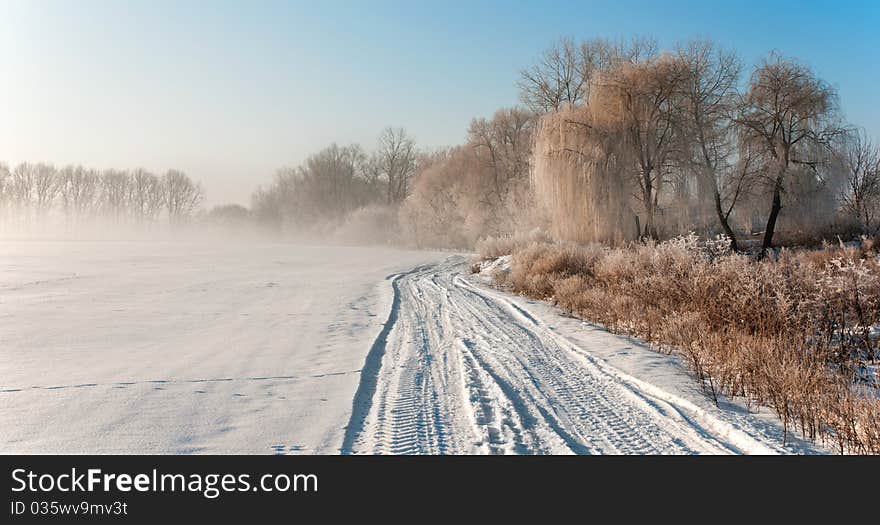 Landscape with fog and hoarfrost on trees. Landscape with fog and hoarfrost on trees