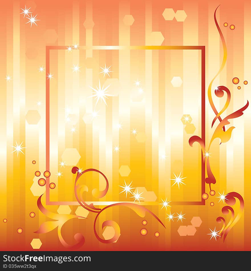 Abstract frame with an ornament on the background of yellow and red stripes. Abstract frame with an ornament on the background of yellow and red stripes.