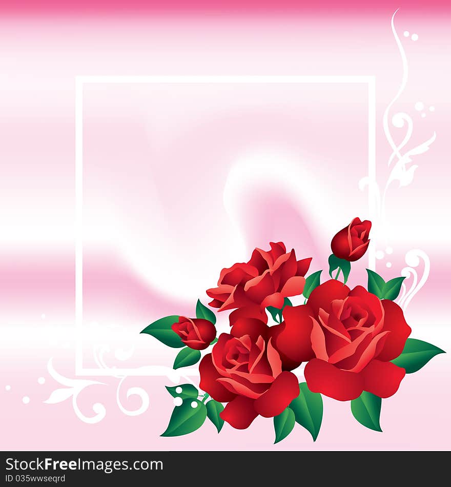 Abstract frame with an ornament and red roses on a pink background. Abstract frame with an ornament and red roses on a pink background.