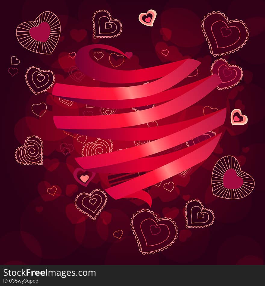 Contour hearts on dark red background