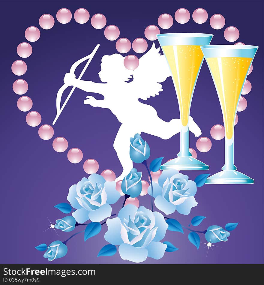 Background Valentine's Day with blue roses, heart, the silhouette of an angel and glasses of champagne.