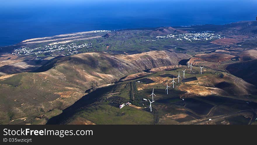 Aerial of Lanzarote with wind power plant