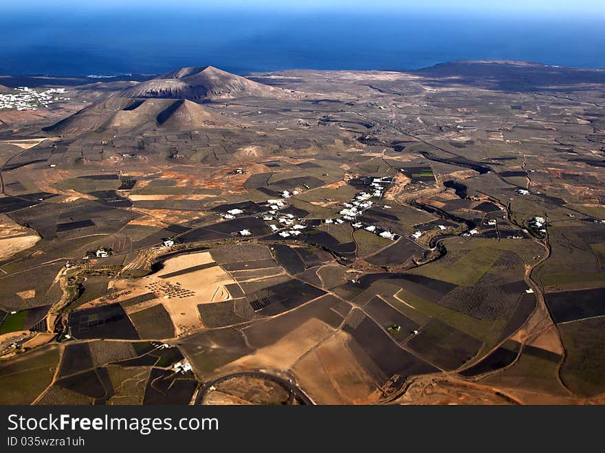 Aerial of Lanzarote with wind power plant