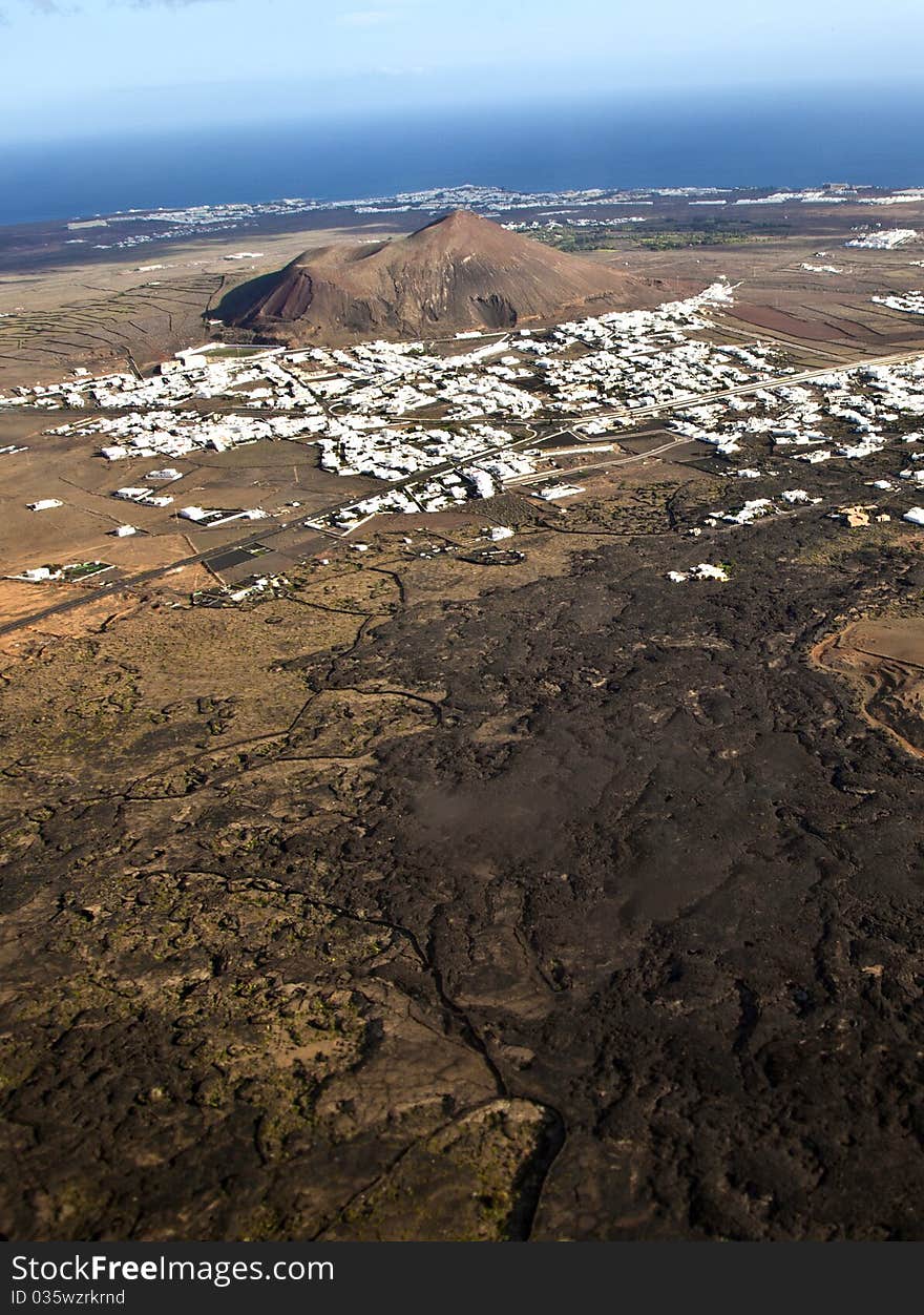 Aerial of Lanzarote with wind power plant