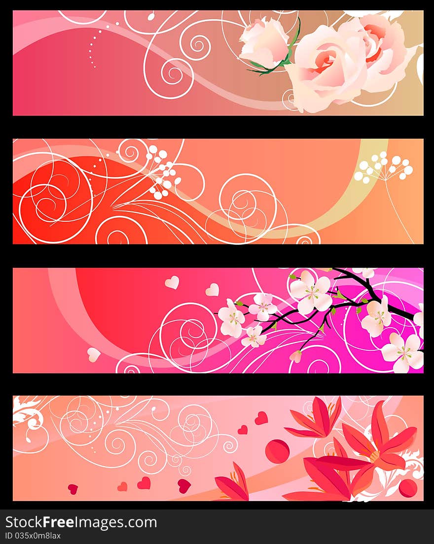 Four red horizontal floral banners with hearts. Four red horizontal floral banners with hearts