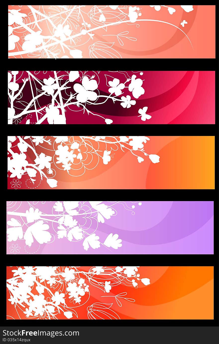 Four red horizontal floral banners with hearts. Four red horizontal floral banners with hearts