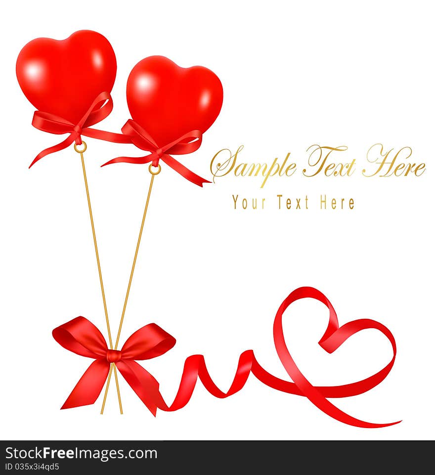 Two valentine hearts and red gift bow with ribbons. Vector illustration.