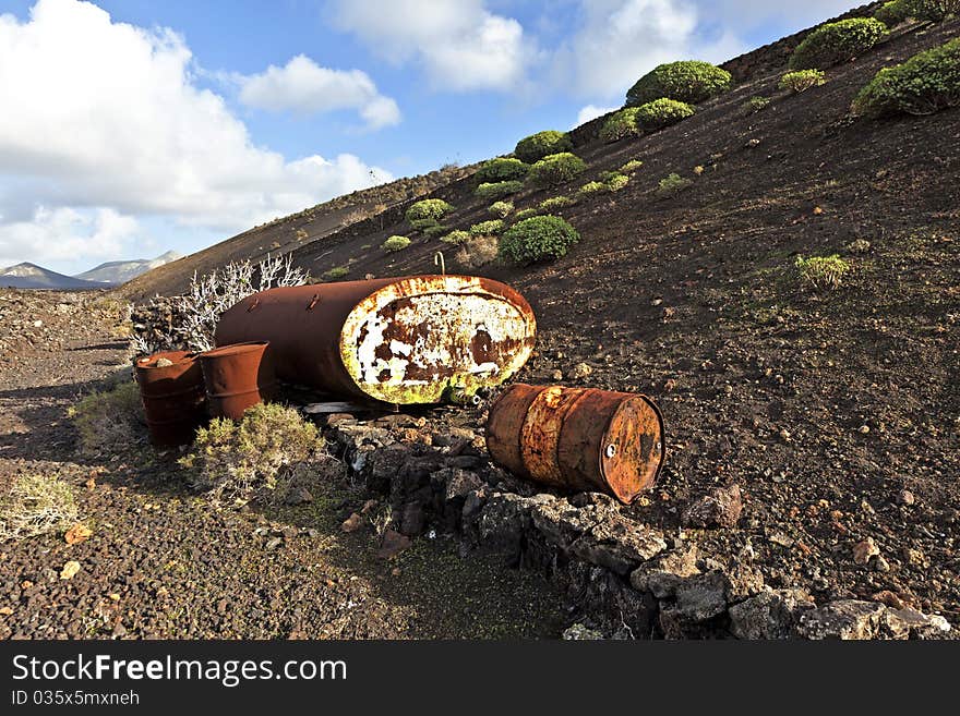 Old tank in volcanic landscape in Lanzarote in the national Park