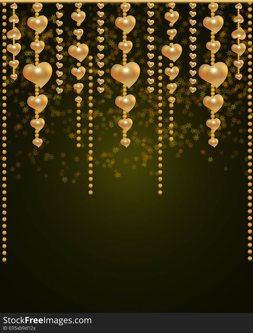 Beautiful background with a gold beads and hearts