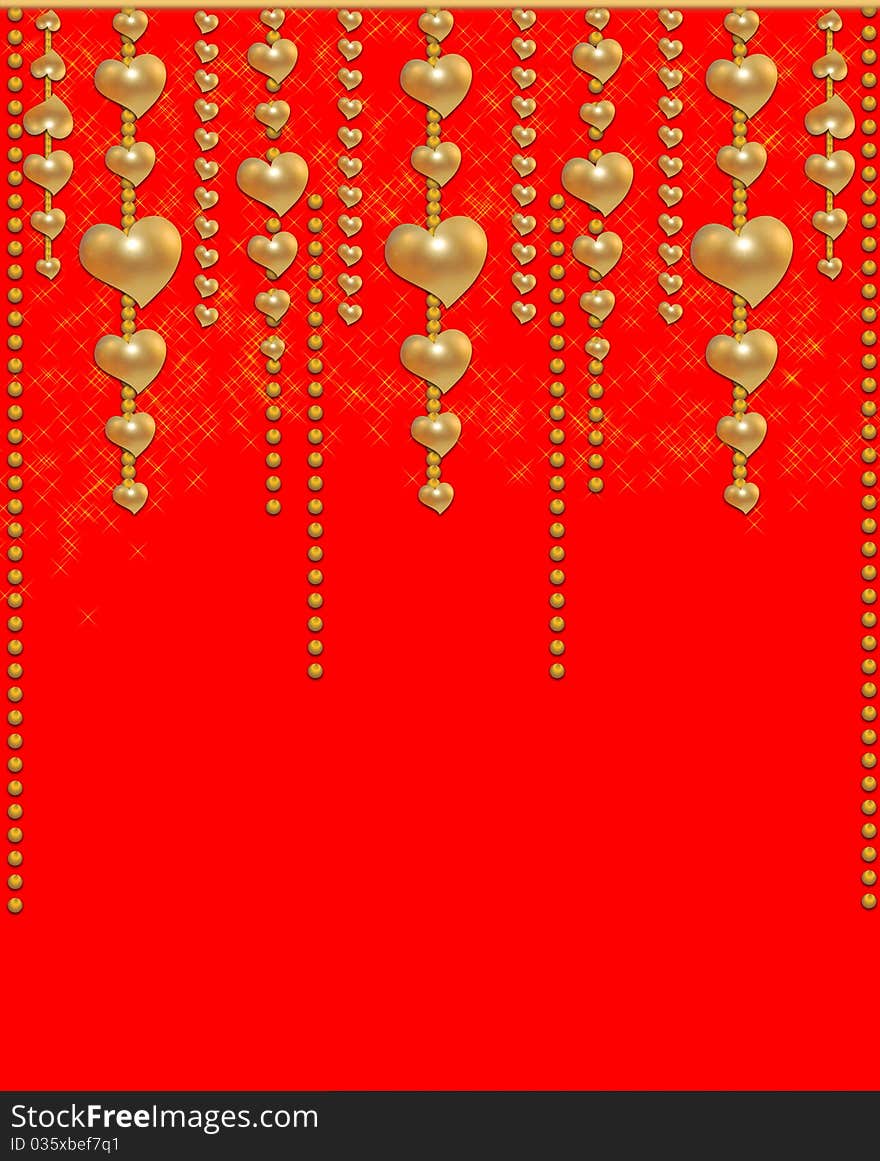 Beautiful red background with a gold beads and hearts