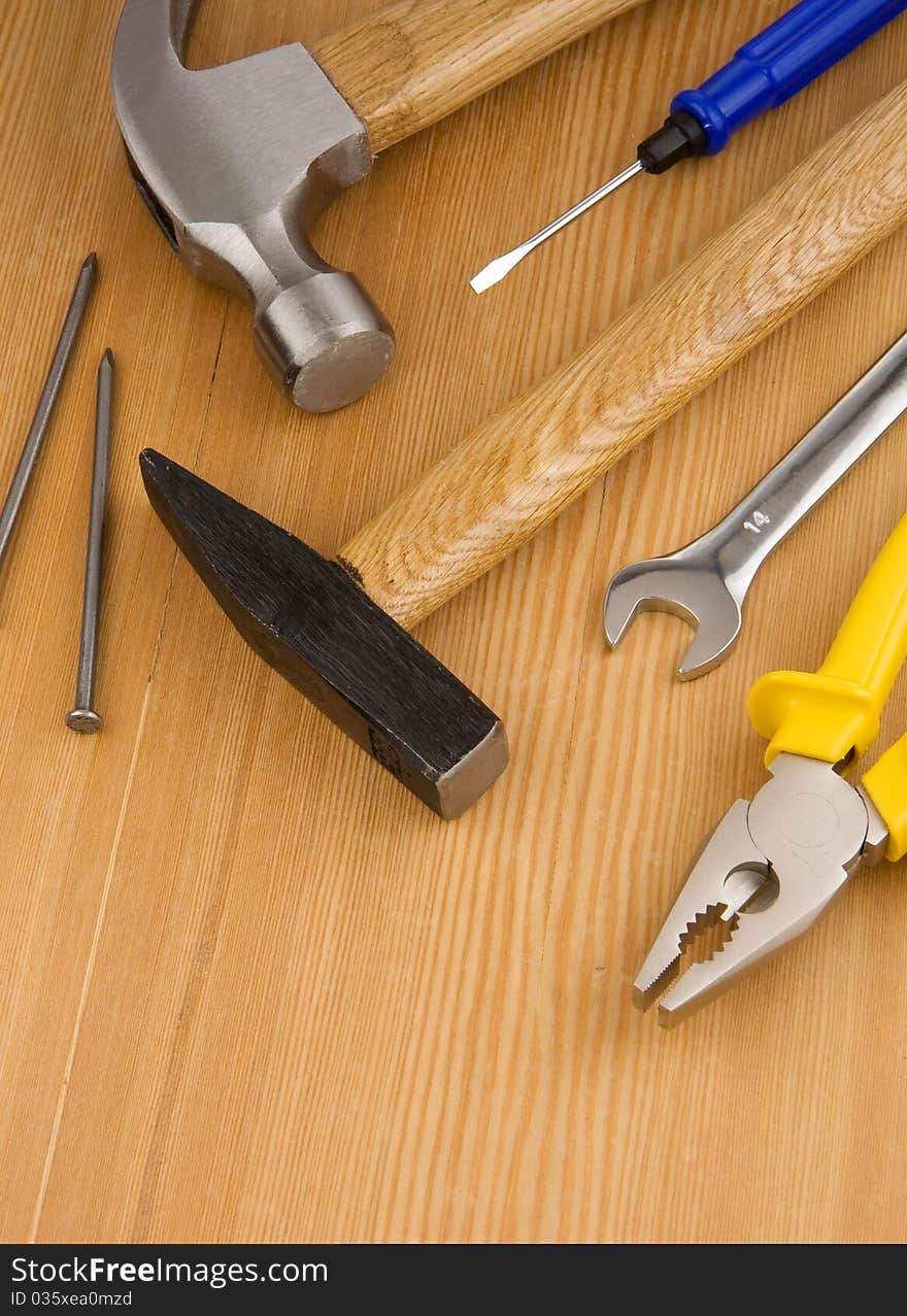 Tools and instruments on wood texture