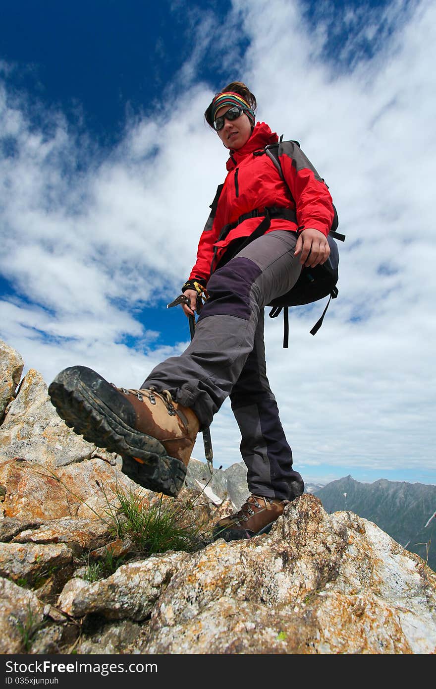 Hiker girl in Caucasus mountains. Hiker girl in Caucasus mountains