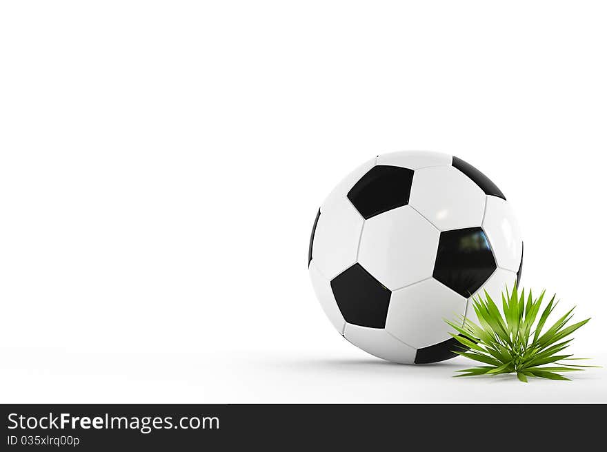 Leather soccer ball isolated on white background with a tuft of grass. Leather soccer ball isolated on white background with a tuft of grass