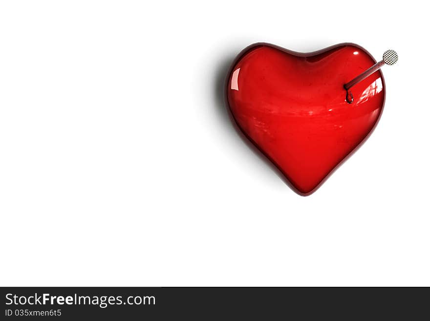 Heart, isolated on a white background with a nail and blood. Heart, isolated on a white background with a nail and blood.