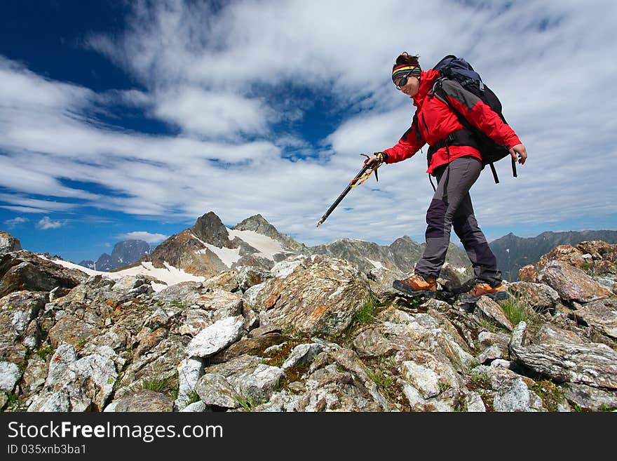 Hiker girl in Caucasus mountains. Hiker girl in Caucasus mountains