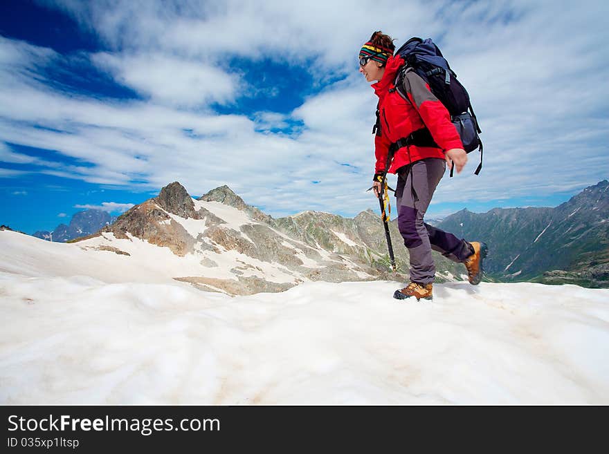 Hiker girl in Caucasus mountains. Hiker girl in Caucasus mountains