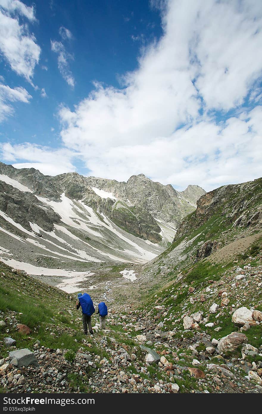 Hiker group in Caucasus mountains. Hiker group in Caucasus mountains