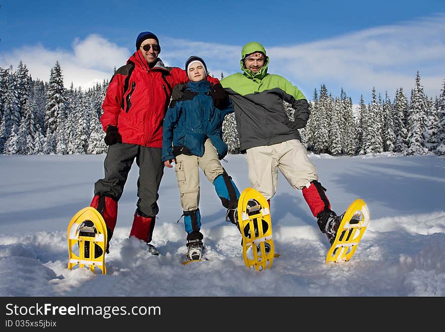 Hiker group in winter in mountains