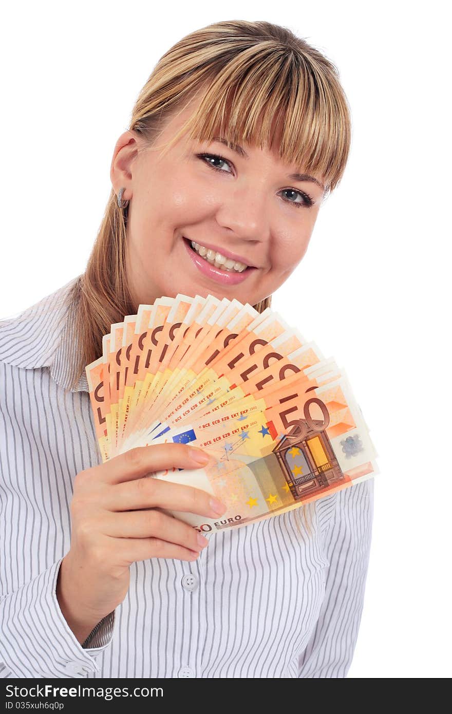 Making money concept. Businesswoman with money isolated over white.