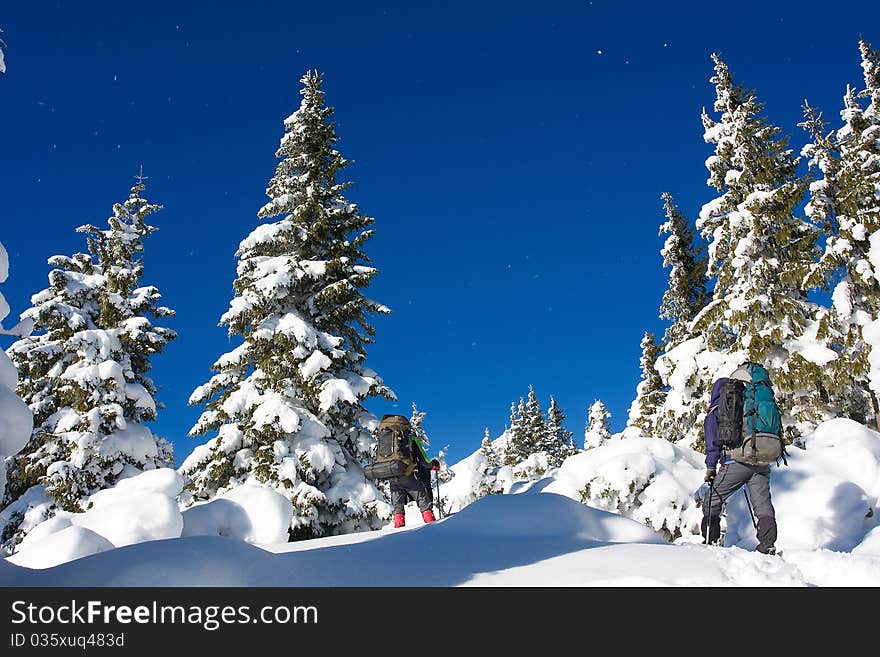 Hiker boy in winter in mountains