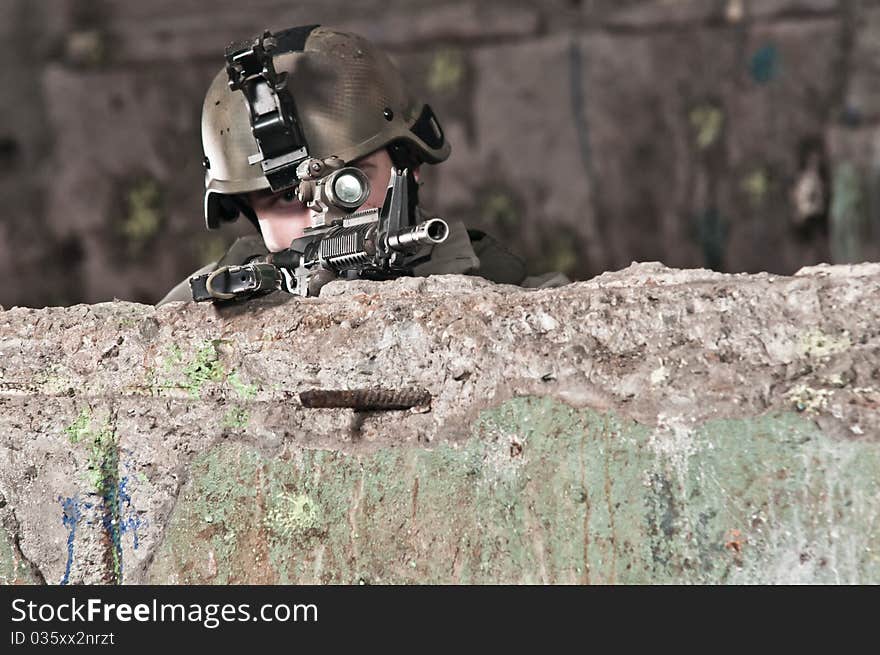 Young Soldier Behind Obstacle