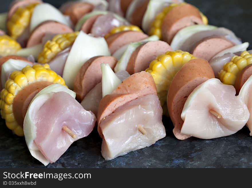 Raw chicken and vegetable kabobs