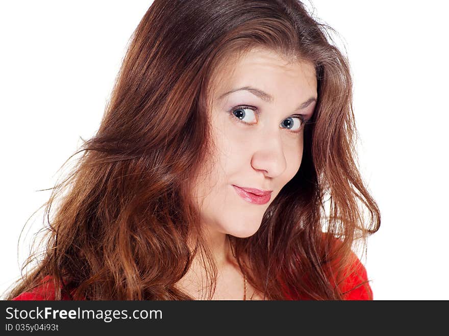 Close-up of a beautiful young woman in red dress on white background. Close-up of a beautiful young woman in red dress on white background