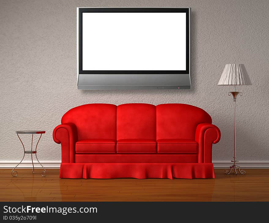 Red sofa, table and stand lamp with the lcd tv in white minimalist interior