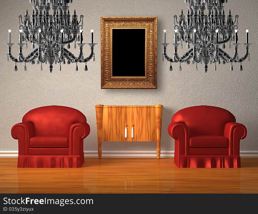 Two chairs with wooden console and two chandeliers with antique frame in minimalist interior