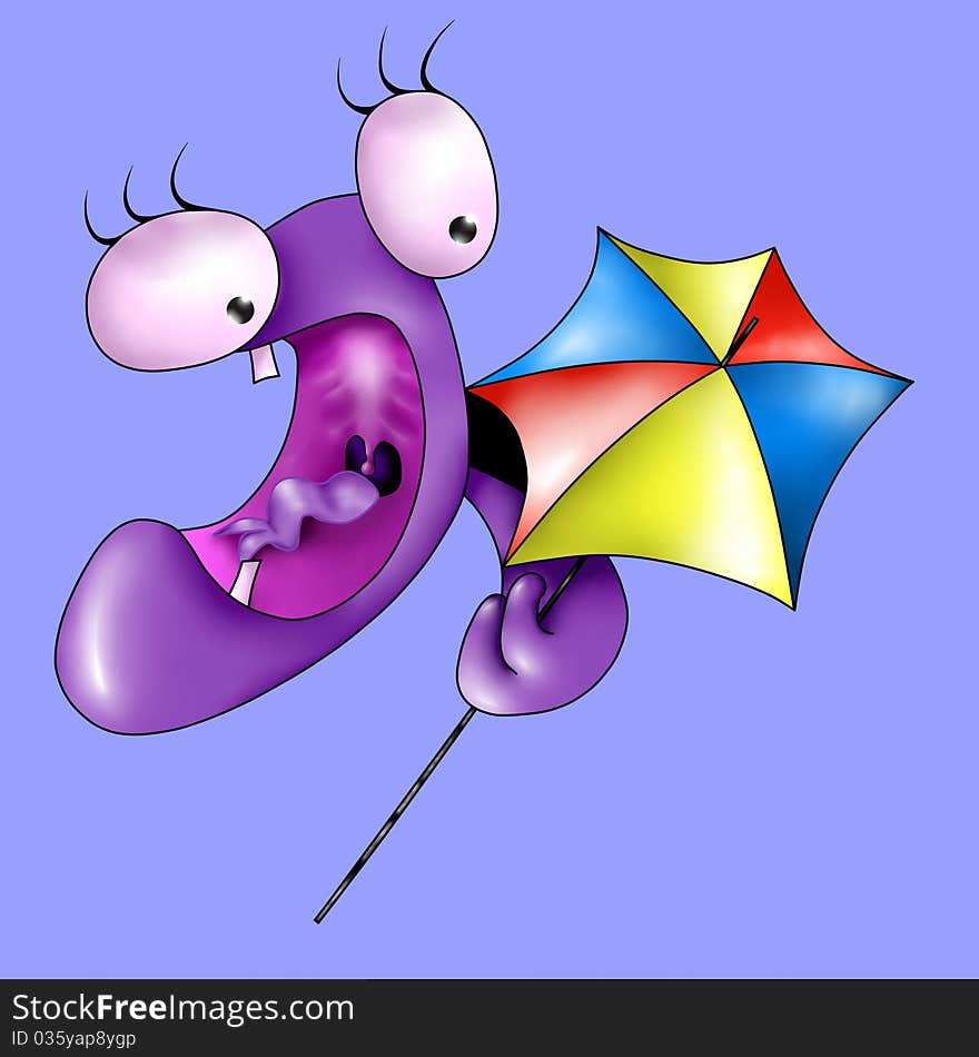 Violet monster with colorful umbrella. Violet monster with colorful umbrella