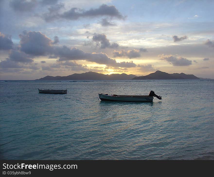 Seychelles beach at sunset