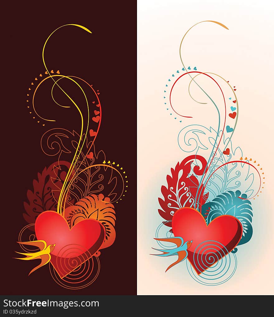 Vector illustration of composition contains heart, floral ornament and martlet. Vector illustration of composition contains heart, floral ornament and martlet.