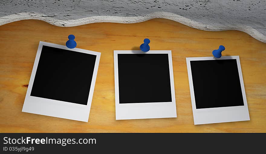 Illustration of polaroid films pinned on wooden board with curved concrete plate