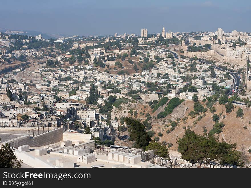 Jerusalem view - old city, mosque, church, synagogue