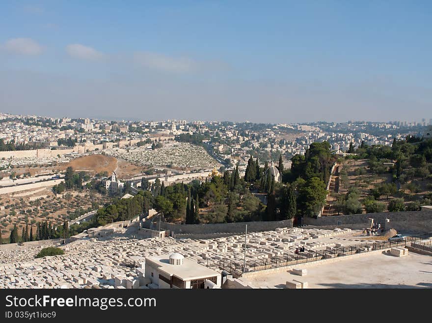 Jerusalem view - old city, mosque, church, synagogue