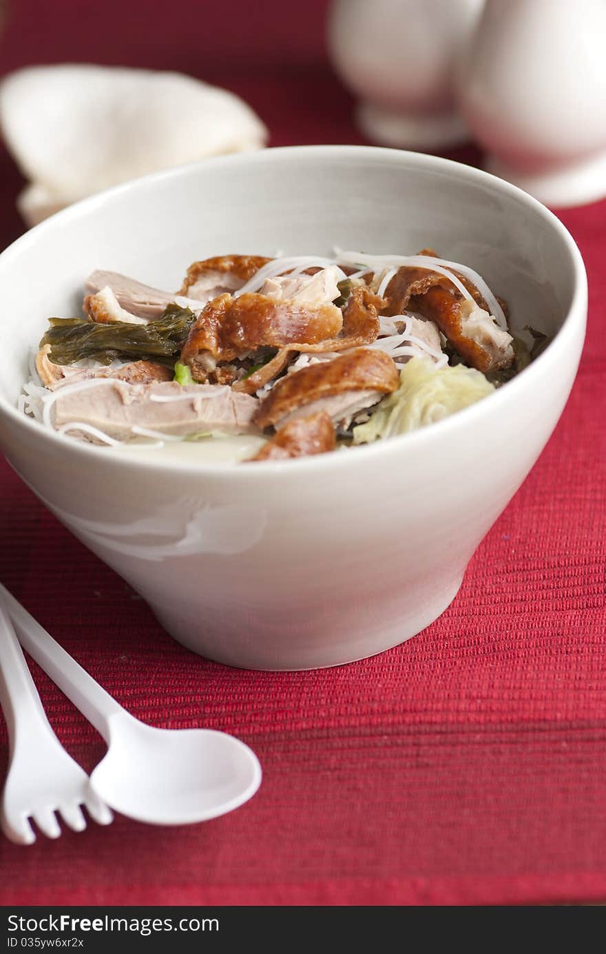 Shredded roast duck with rice noodles in a bowl. Shredded roast duck with rice noodles in a bowl