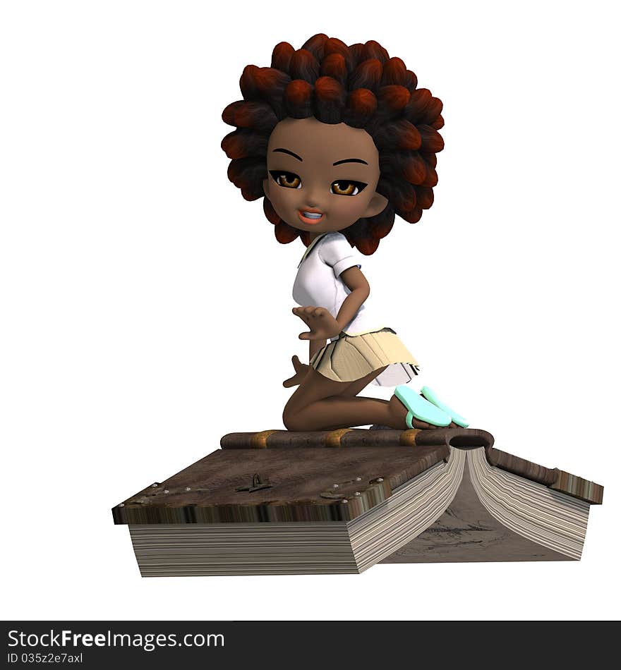 Cute little cartoon school girl with curly hair is flying on a book. 3D rendering with clipping path and shadow over white