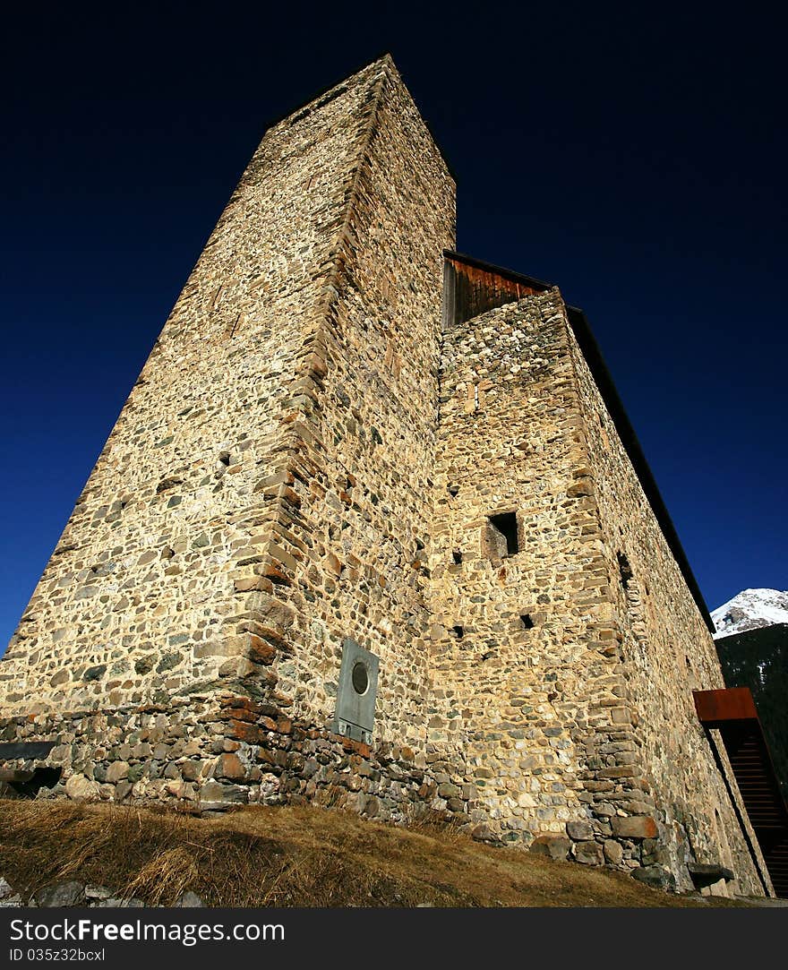 The 800 year old Roman fortress of Riom in the mountains of the Swiss Alps is located in the Graubuenden Kanton. The 800 year old Roman fortress of Riom in the mountains of the Swiss Alps is located in the Graubuenden Kanton.