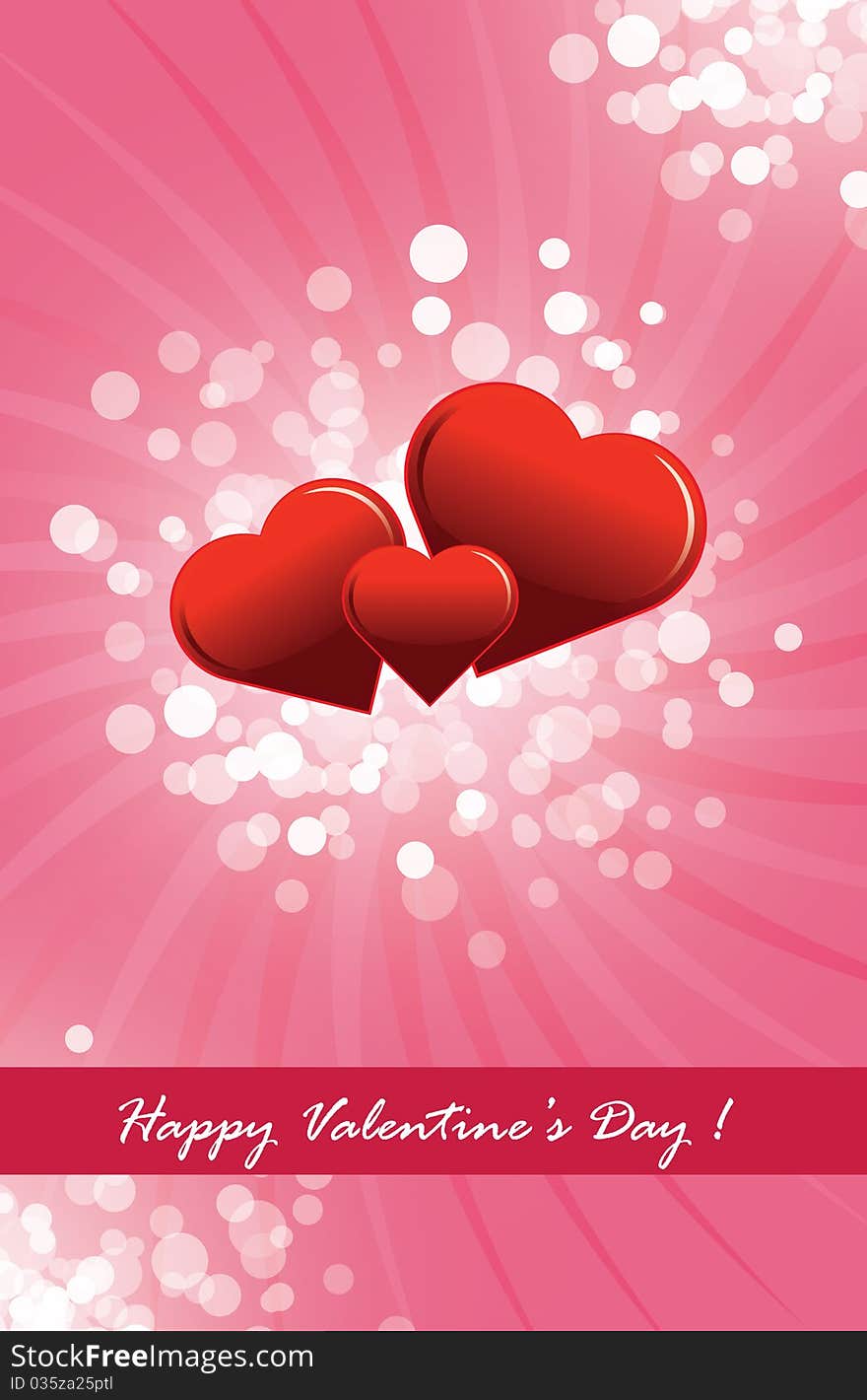 Happy Valentine's Day postcard with three stylish red hearts, a splash of colorful circles and rays on a honeysuckle background