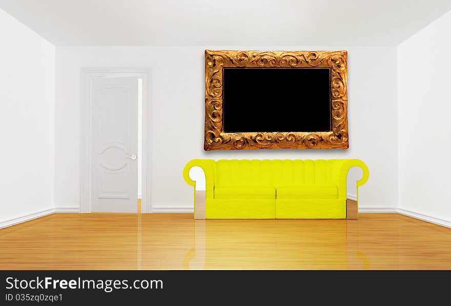 Room With Yellow Couch And Modern Picture Frame