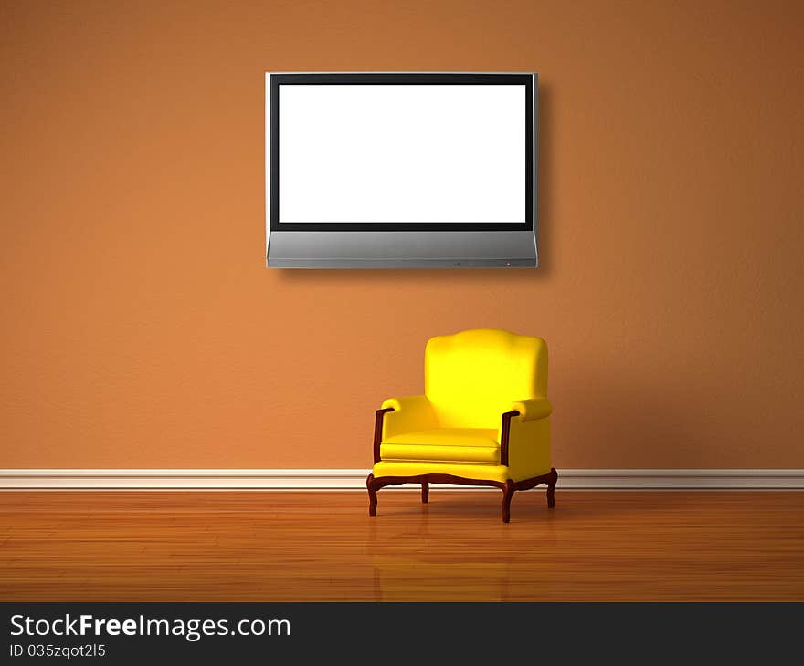 Luxurious chair with lcd tv in minimalist interior