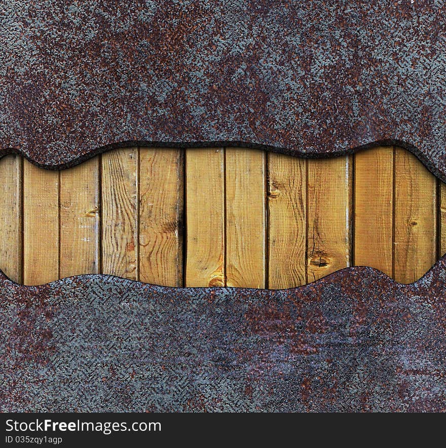 Rusty metallic and wooden plate