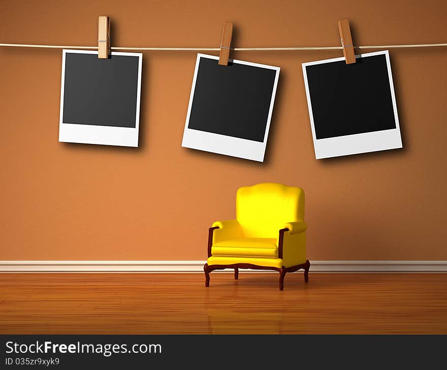 Chair with hangings instant photo s frames