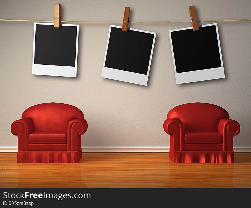 Two red chairs with instant photo's frames in minimalist interior