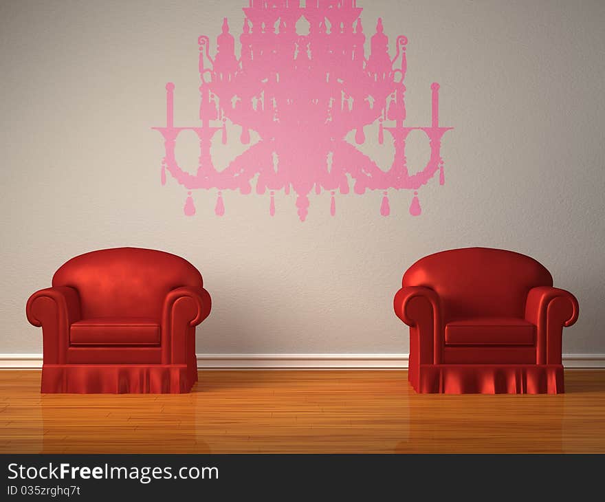 Two red chairs with silhouette of chandelier